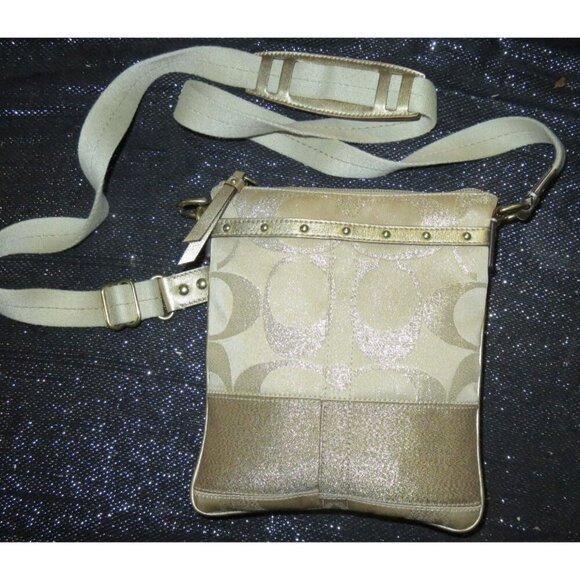 Coach 2008 Cursive Creed Shimmer Gold Studs Swingpack Crossbody Limited Edition